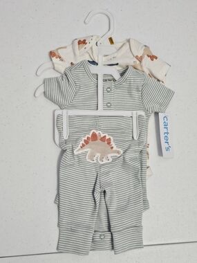 New Carter's Green and Cream Dino Stripe Romper Set Newborn